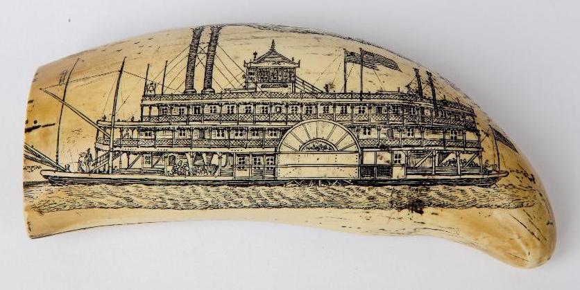 Appraisal: A COMPOSITION DOUBLE-SIDED SCRIMSHAW WHALE TOOTH Fine double-sided hand engraved