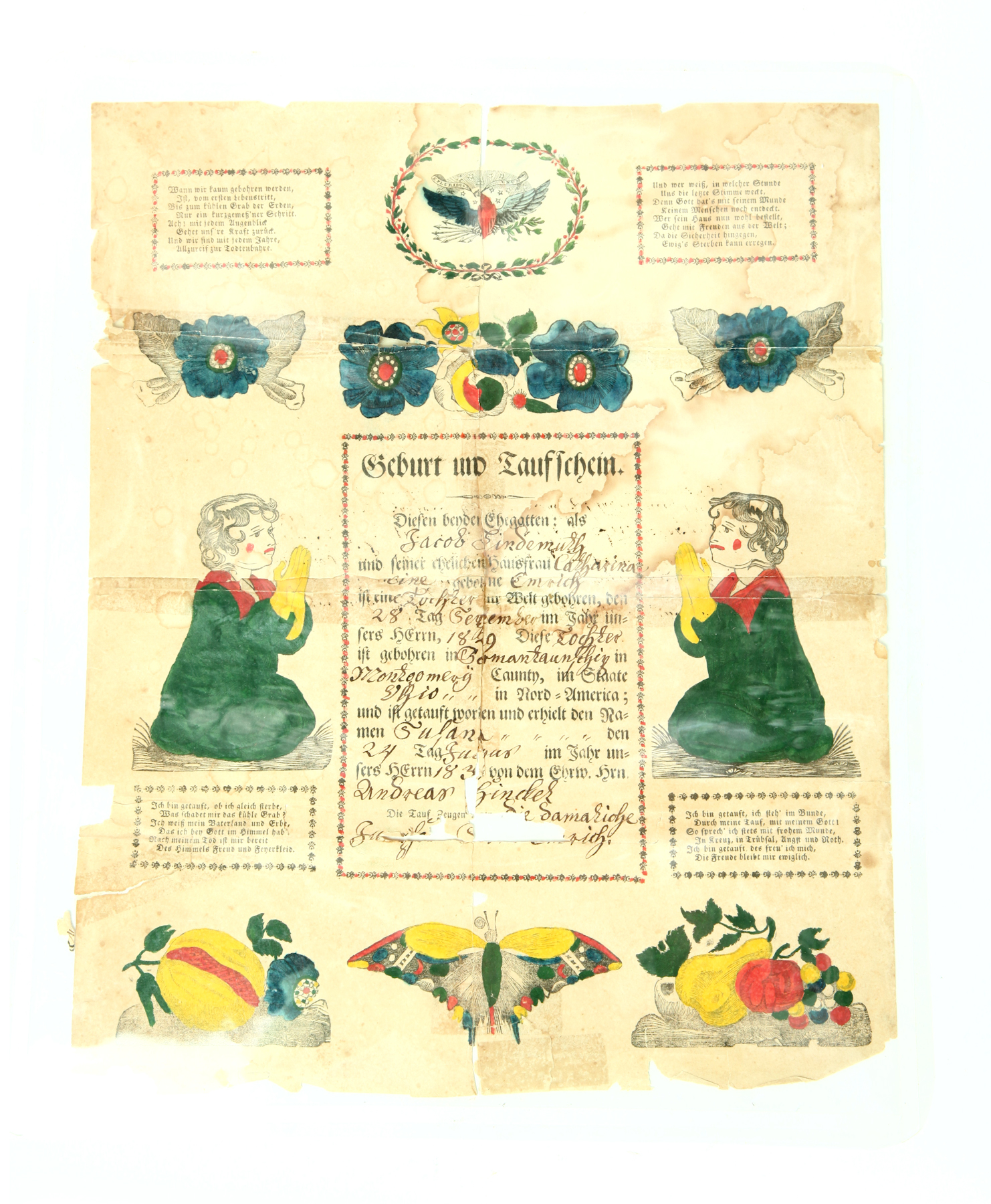 Appraisal: FRAKTUR Handcolored printed fraktur on paper Recording an birth in