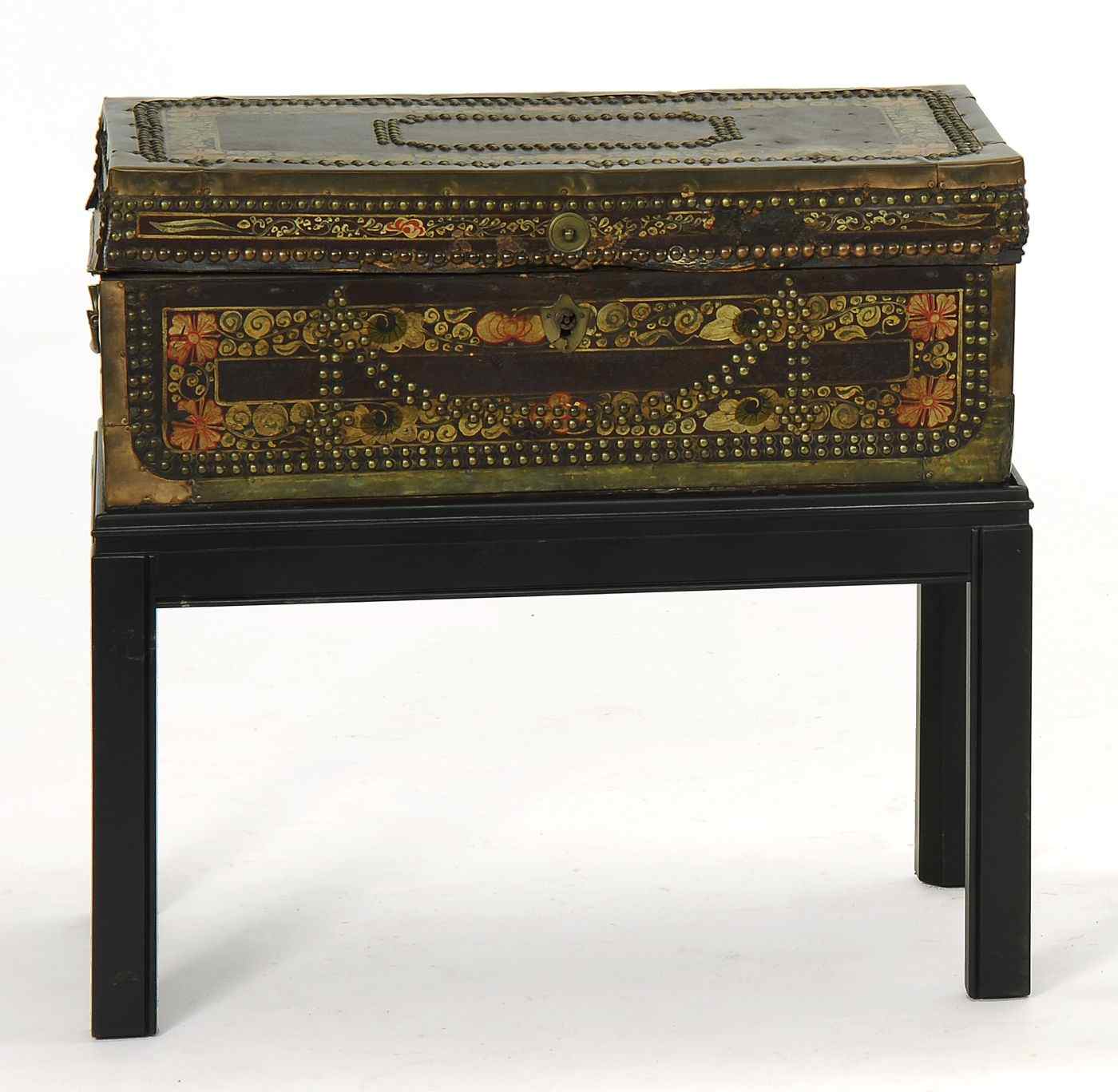 Appraisal: CHINESE BRASS-BOUND LEATHER-COVERED TRUNK th CenturyIn camphorwood with polychrome floral