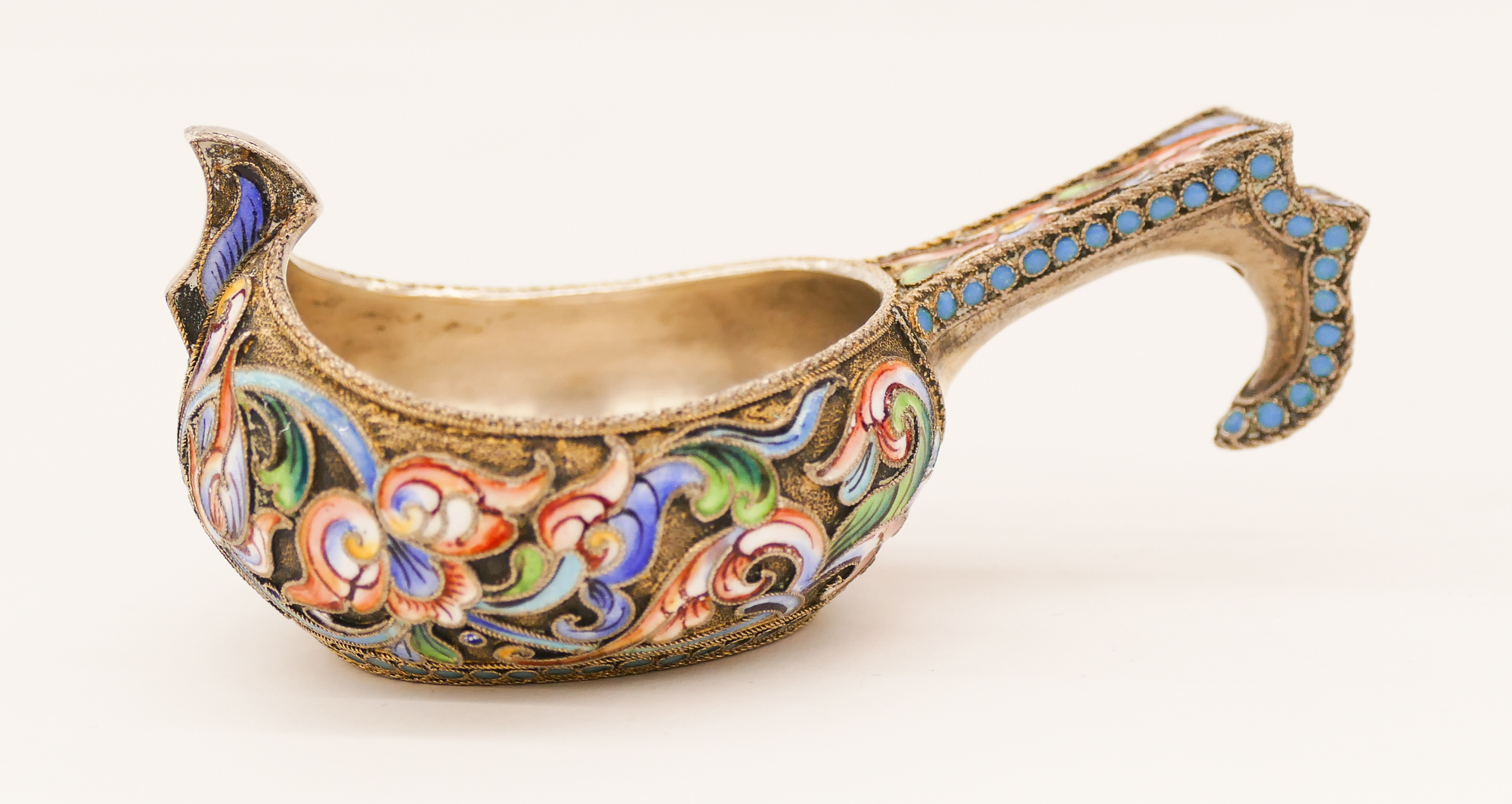 Appraisal: Old Russian Enameled Silver Kovsh Cup ''x '' Polychrome enameled