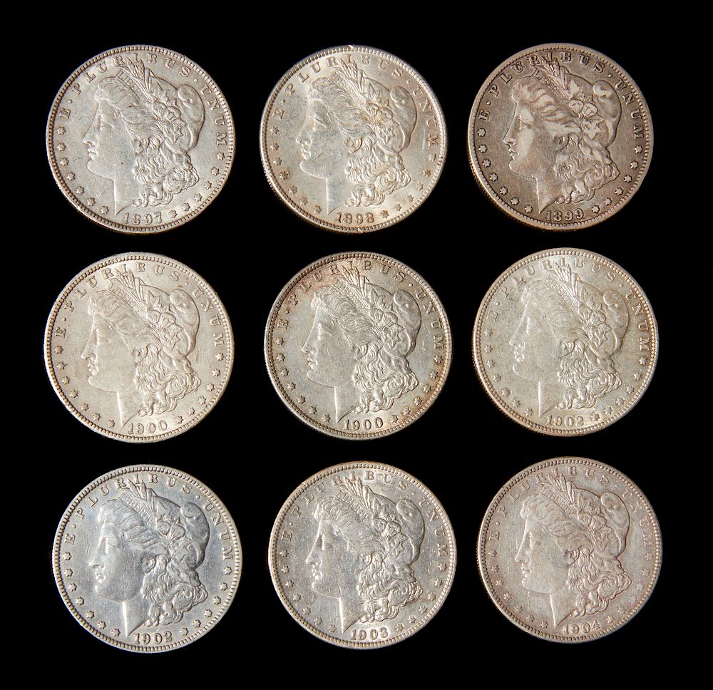 Appraisal: Nine Morgan Silver Dollars Nine Morgan silver dollars comprising left