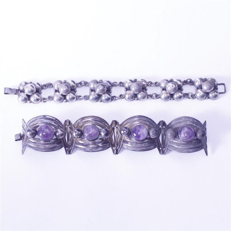 Appraisal: Vintage Mexican Modernist sterling silver and amethyst bracelets