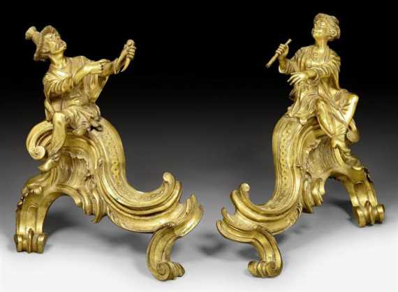 Appraisal: PAIR OF LARGE FIREPLACE CHENETS AUX CHINOIS late Louis XV