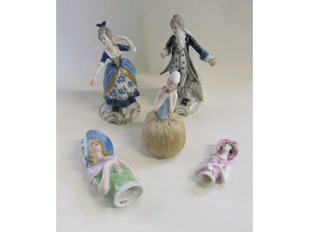 Appraisal: Three porcelain half dolls and a pair of continental figures