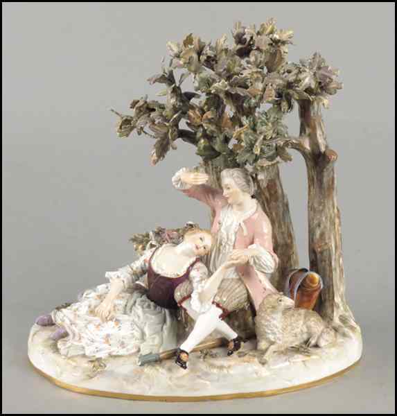 Appraisal: MEISSEN GILT AND PAINTED PORCELAIN FIGURE Depicting a recumbent maiden