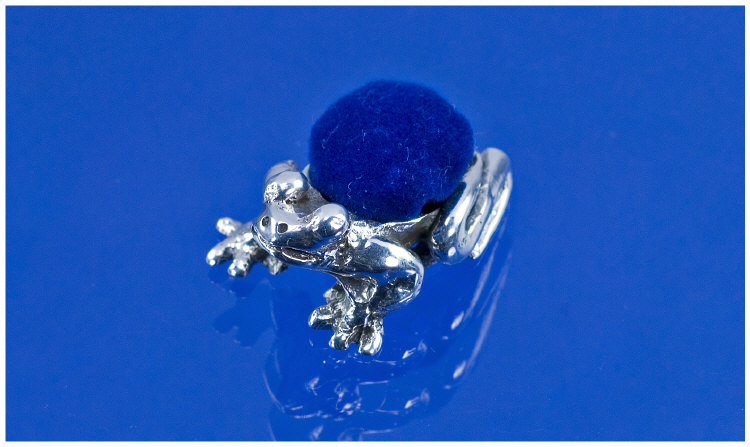 Appraisal: A Minature Sterling Silver Frog Pin Cushion Blue Plush Cushion