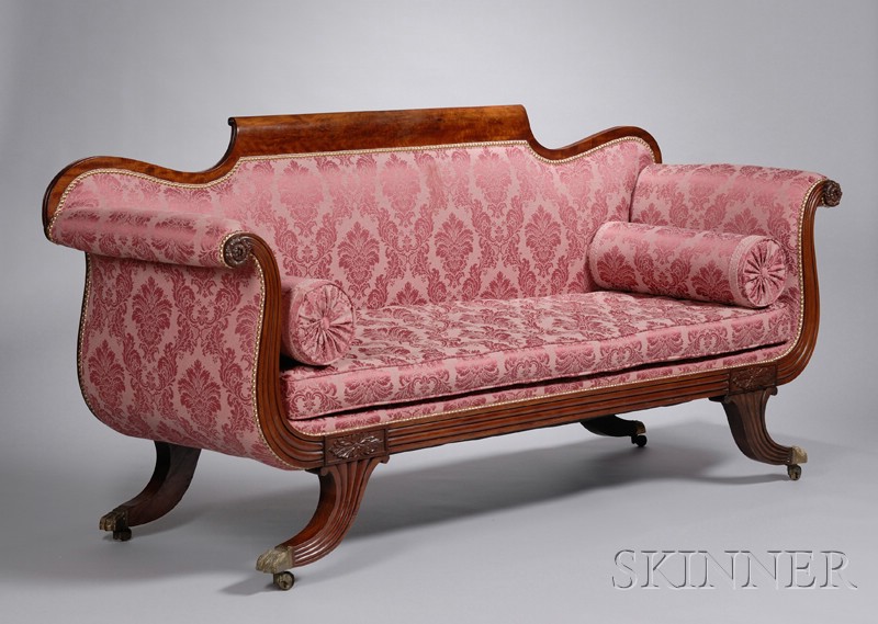 Appraisal: Classical-style Damask Upholstered Carved Mahogany Sofa lg in