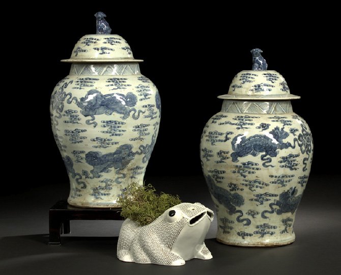 Appraisal: Large Pair of Chinese Blue-and-White Porcelain Covered Temple Jars each