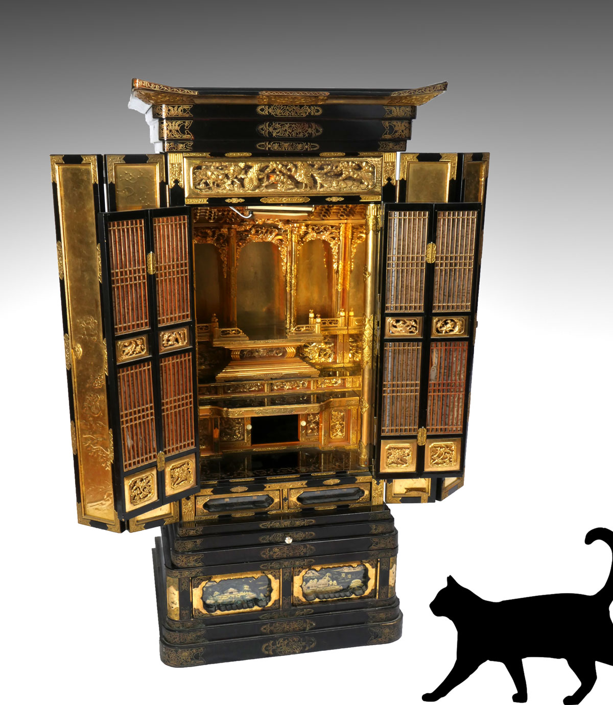 Appraisal: ELABORATELY CARVED CHINESE GILT LACQUERED ALTER Pagoda form black lacquered