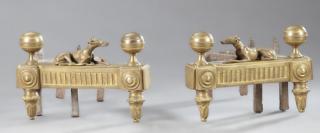 Appraisal: Pair of Gilt Brass and Iron Greyhound Andirons th c