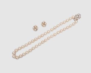 Appraisal: Cultured Pearl and Diamond Necklace and Earclips Cultured Pearl and