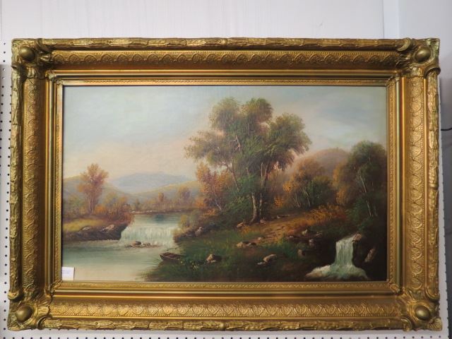 Appraisal: th Century Oil autumn landscape with aterfalls on canvas image