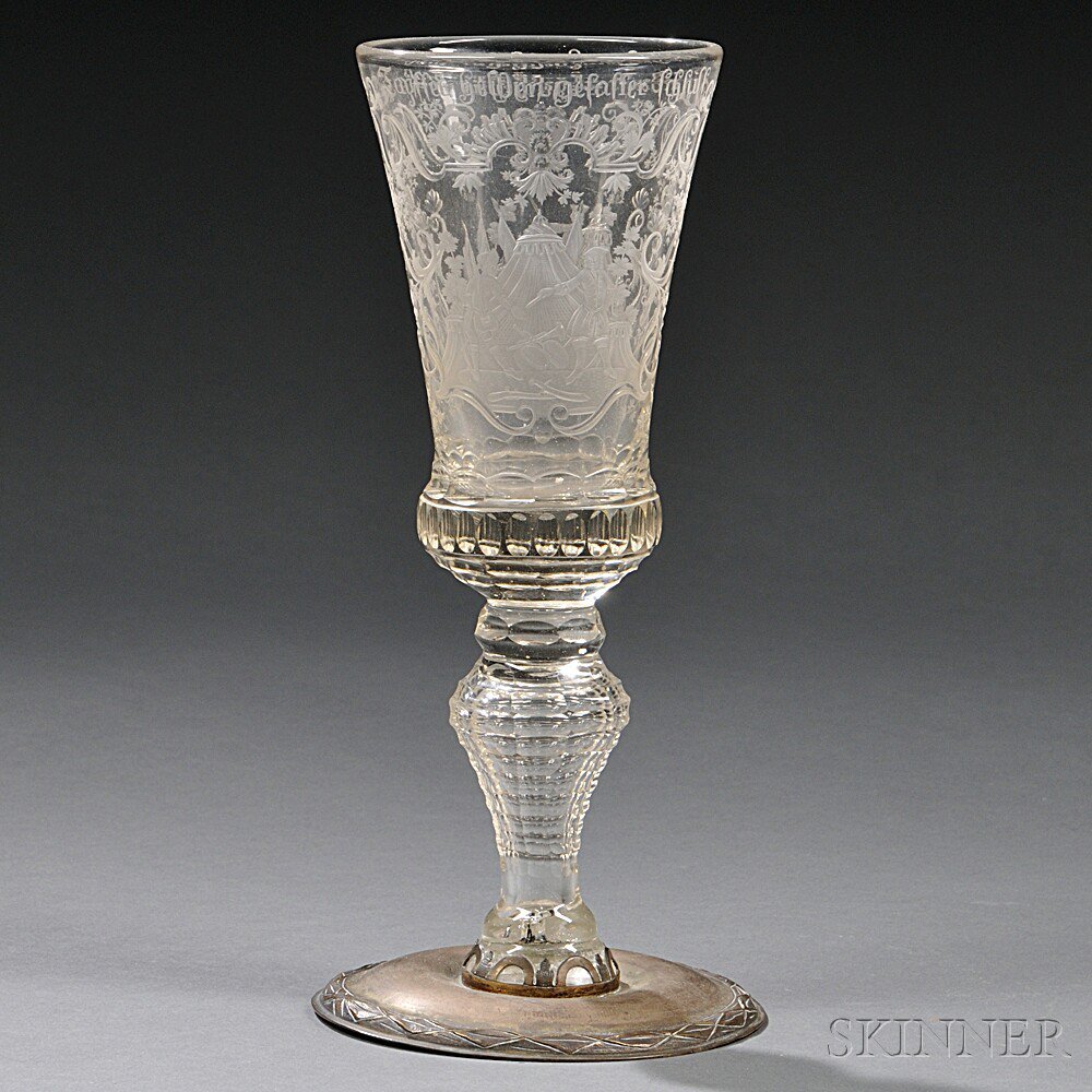 Appraisal: Engraved Bohemian Glass Goblet th century inscription above cartouches with