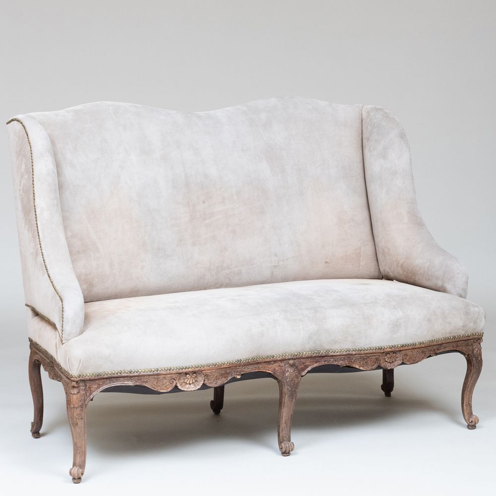 Appraisal: Early Louis XV Style Carved Oak Winged Settee Upholstered in