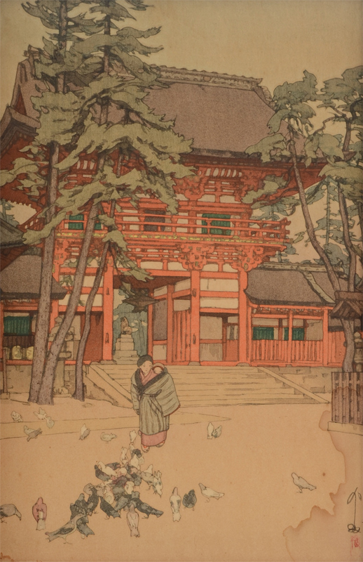 Appraisal: HIROSHI YOSHIDA WOODBLOCK Feeding Pigeons Outside Shrine sight size ''