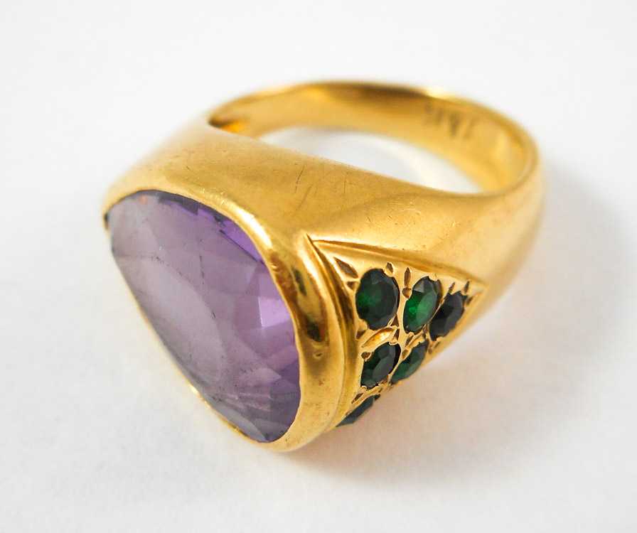 Appraisal: AMETHYST EMERALD AND EIGHTEEN KARAT GOLD RING with six round-cut