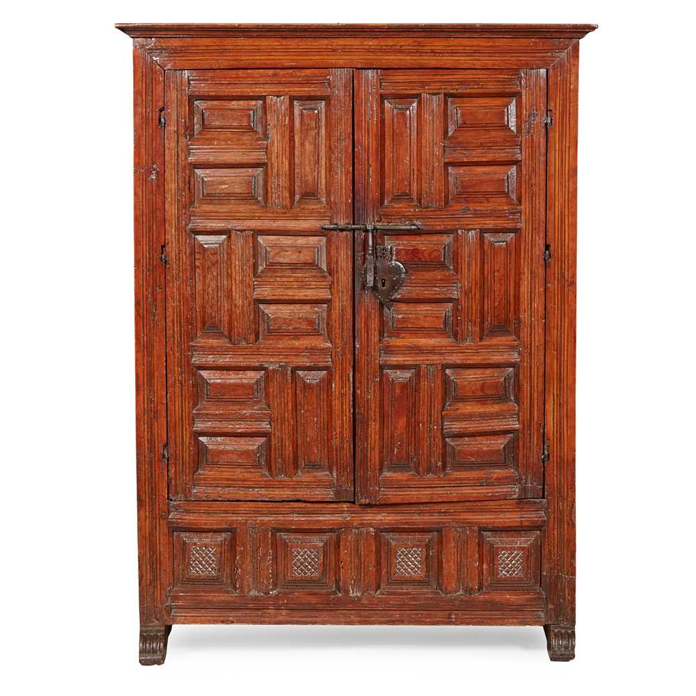 Appraisal: SPANISH PINE MULTI-PANEL CUPBOARD MID TH CENTURY the doors with