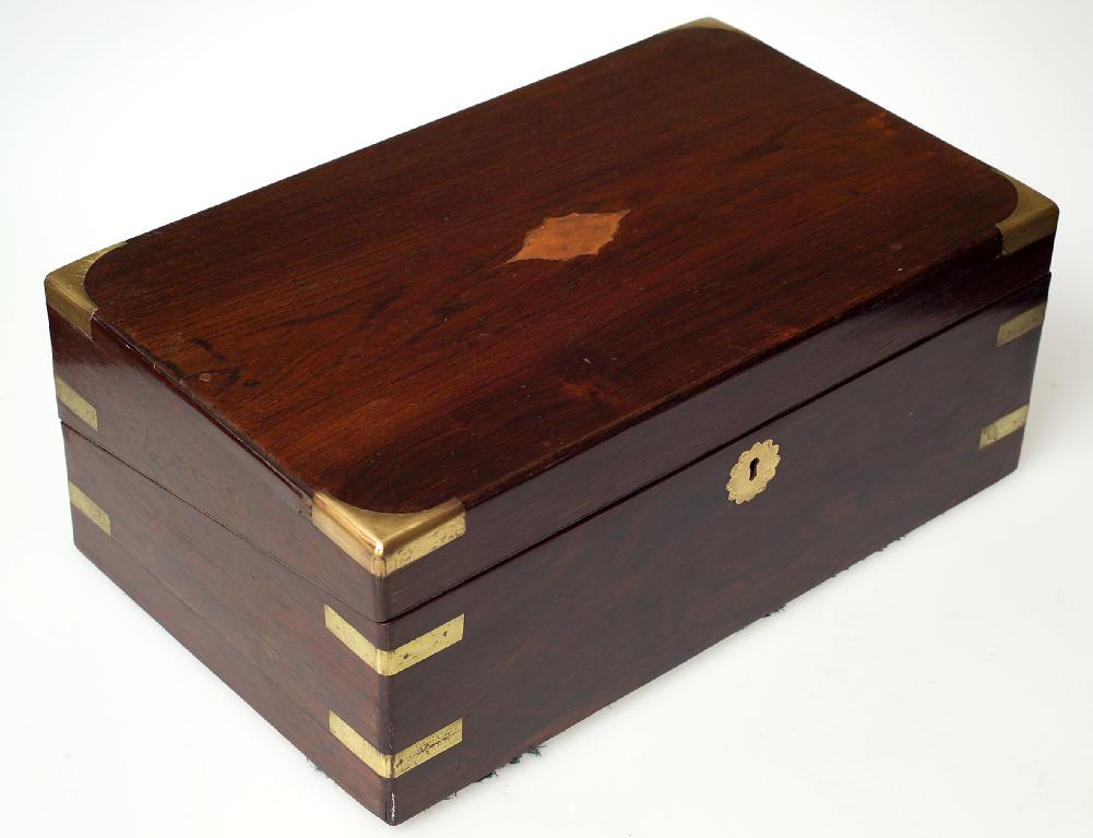 Appraisal: VICTORIAN BRASS-BOUND ROSEWOOD STATIONERY BOX of characteristic form fitted with