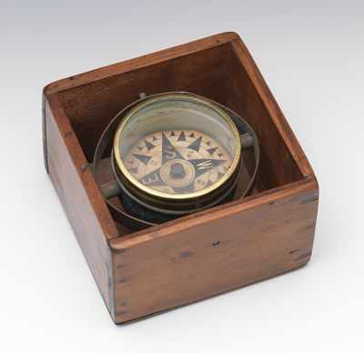 Appraisal: An 'S Boat Compass Early cherry boxed DRY brass compass