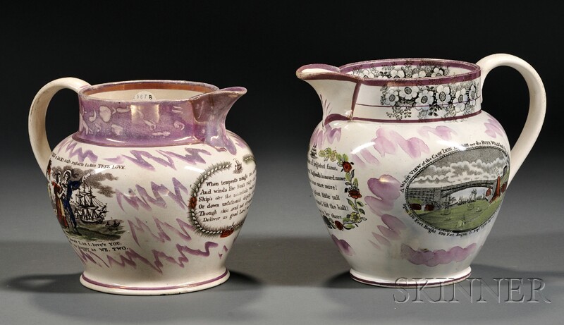 Appraisal: Two Sunderland Pink Lustre Transfer-decorated Pottery Jugs England th century