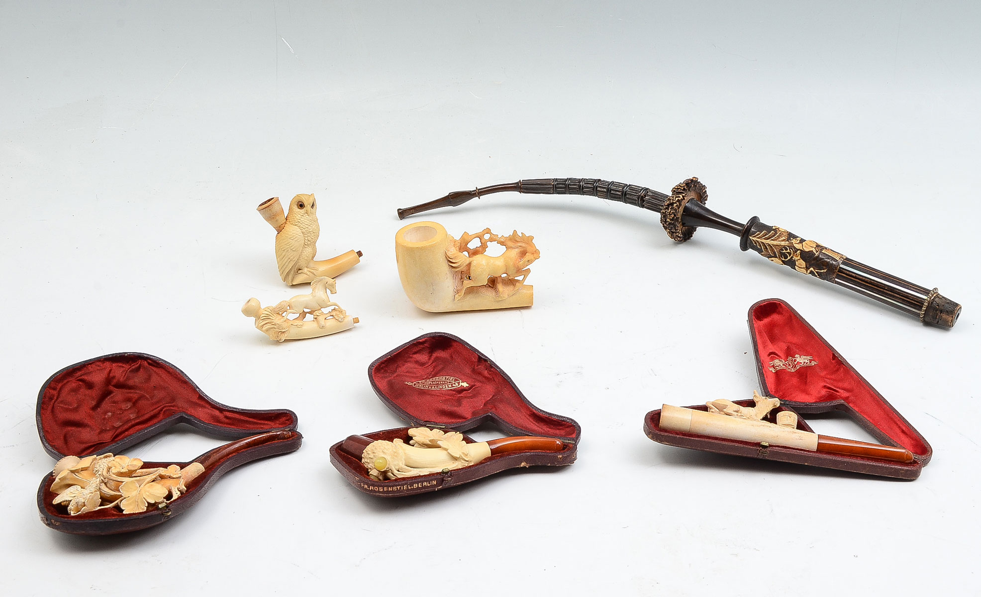 Appraisal: COLLECTION OF MEERSCHAUM CHEROOT HOLDERS PIPES Beautifully detailed flower hummingbird