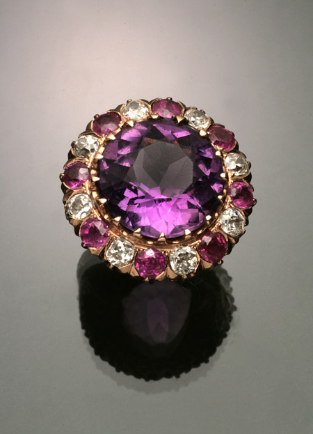 Appraisal: -Karat Yellow-Gold Amethyst Diamond and Ruby Dinner Ring Circa Set