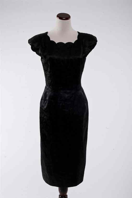 Appraisal: COURR GES PARIS BLACK SILK JACQUARD DRESS Scallop neckline darted