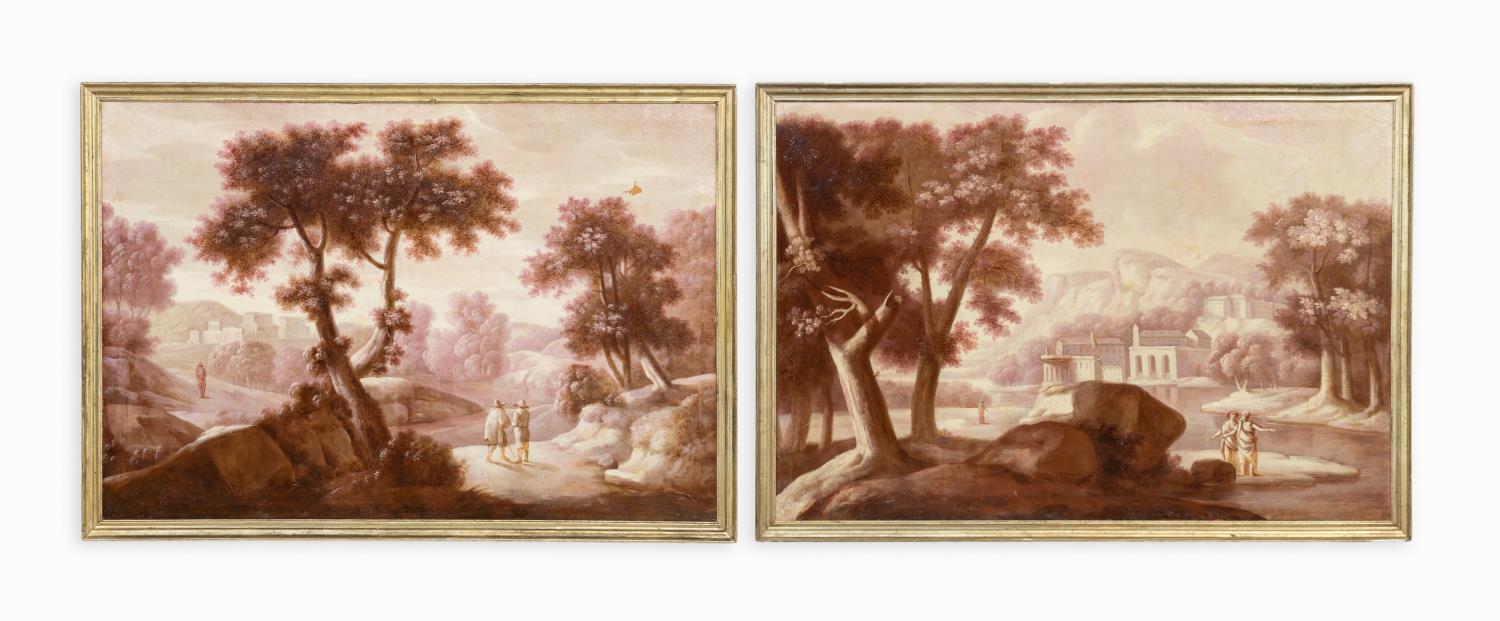 Appraisal: PAIR CONTINENTAL O C GRISAILLE LANDSCAPES TH C th century