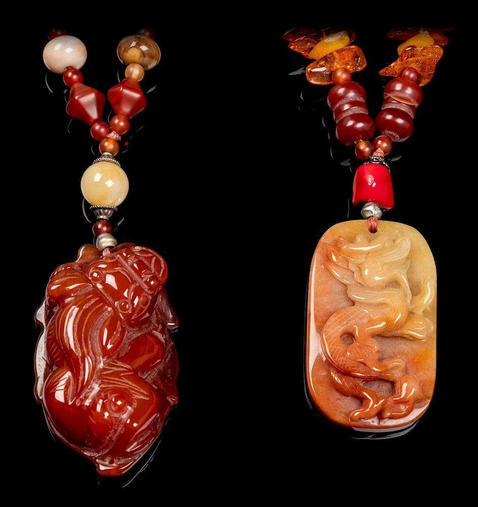 Appraisal: Two Chinese Jadeite Amber Hardstone Peking Glass and Plastic Necklaces