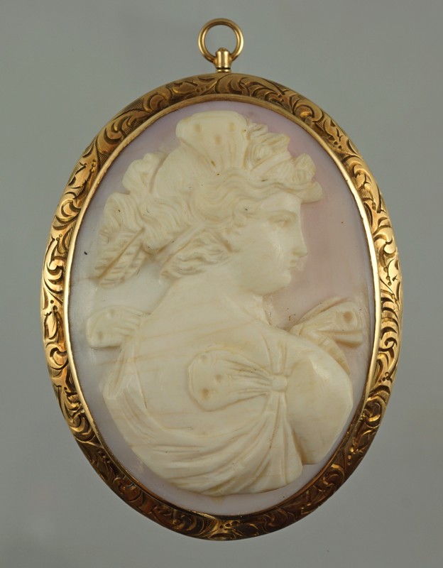 Appraisal: Unmarked YG oval carved shell cameo pin bust of woman