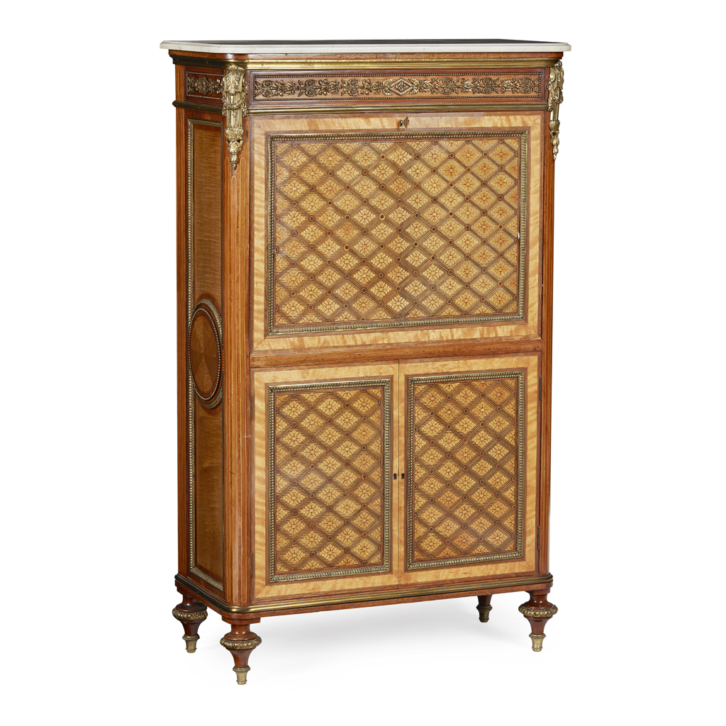 Appraisal: FINE LOUIS XVI STYLE MAHOGANY SATINWOOD AND PARQUETRY SECRETAIRE ABBATANT