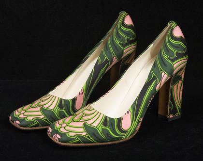 Appraisal: Silk print Prada pumps contemporary Green black and pink Art