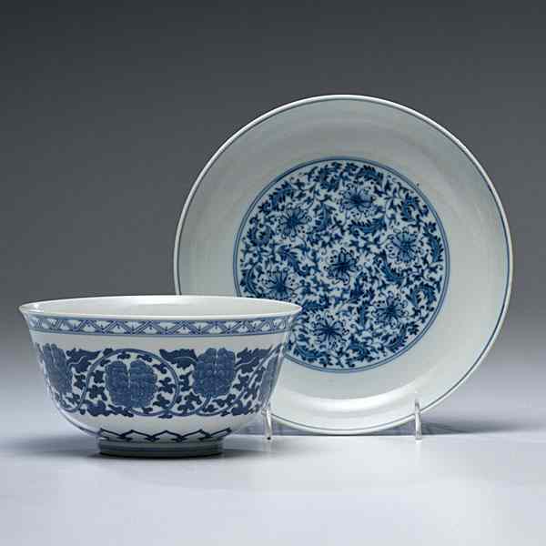 Appraisal: Chinese Blue and White Bowl and Plate Chinese Two blue