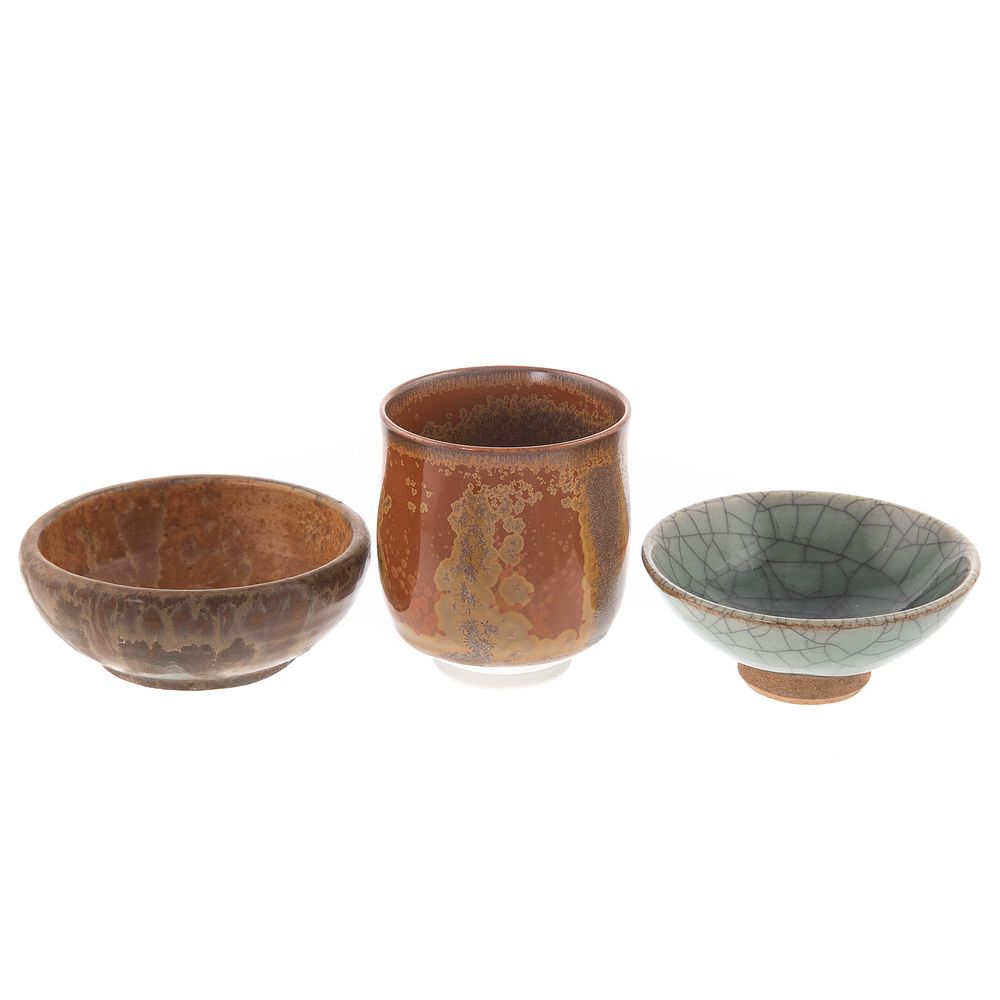 Appraisal: Three Contemporary Ceramics Includes Chinese crackle glazed footed celadon bowl