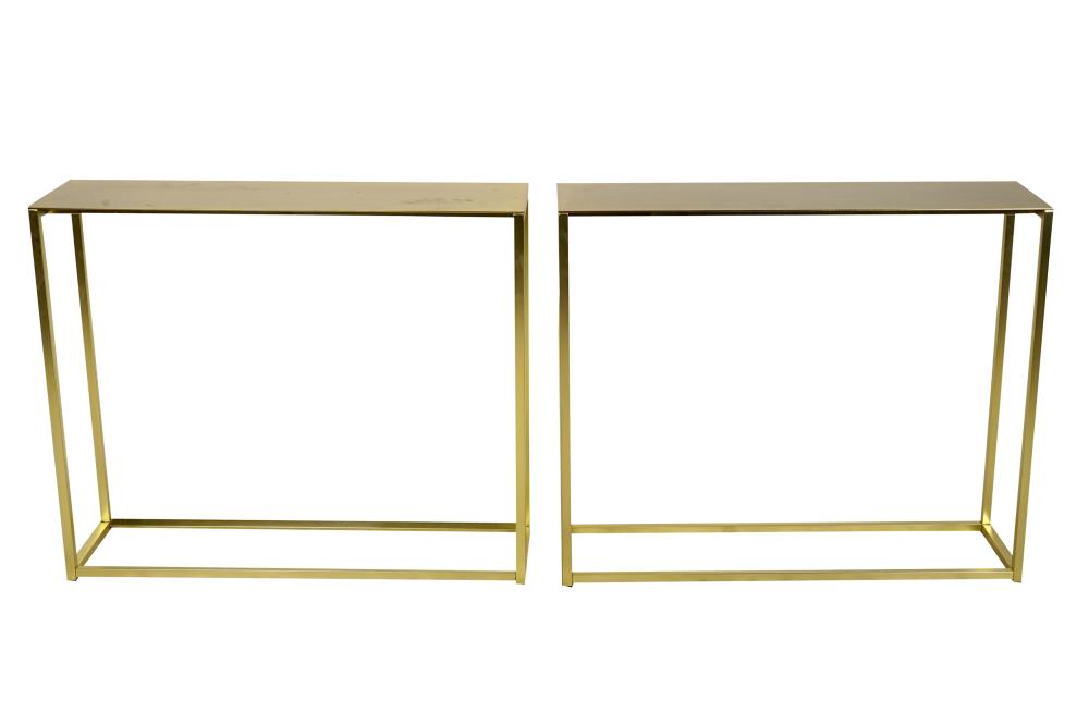 Appraisal: PAIR OF MODERNIST METAL CONSOLE TABLESunsigned with brass-colored finish inches