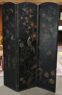 Appraisal: Arts and Crafts polychrome leather three panel screen decorated with