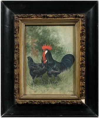 Appraisal: Watercolor of chickens black Roscomb Bantam hen and rooster in