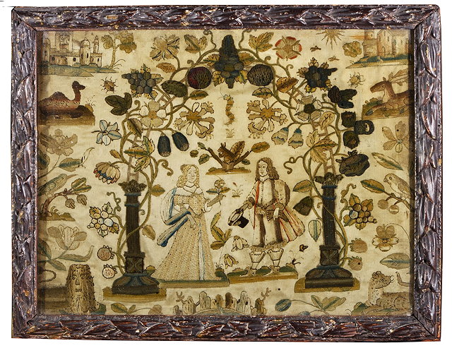 Appraisal: A TH CENTURY NEEDLEWORK SAMPLER depicting a nobleman and his