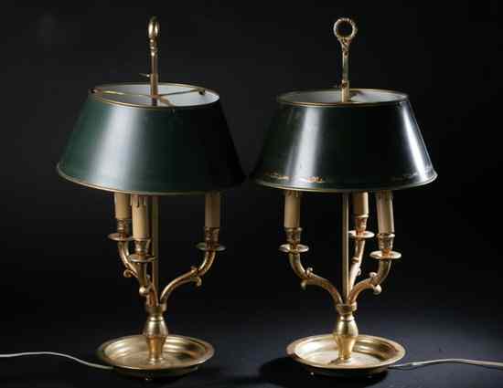 Appraisal: PAIR BOUILLOTE-STYLE GILT-METAL THREE-LIGHT LAMPS early th century With green