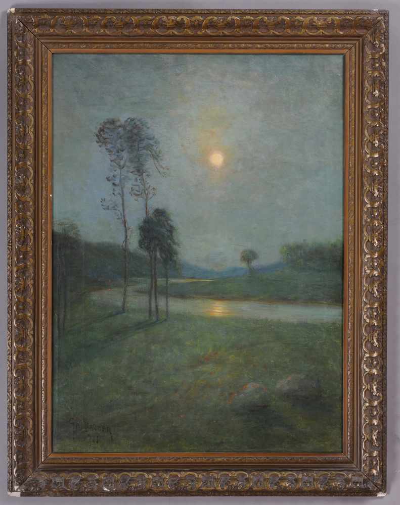 Appraisal: G A MEAGHER LANDSCAPE BY MOONLIGHT Oil on canvas signed