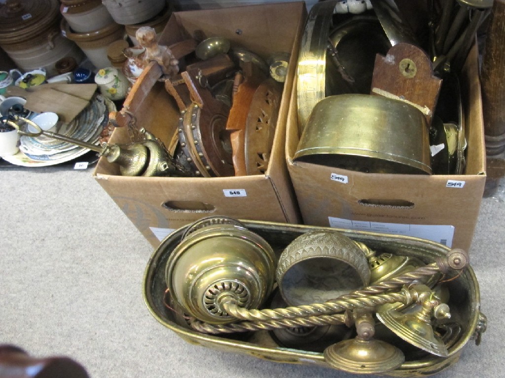 Appraisal: Two boxes of various metal ware and wooden items including