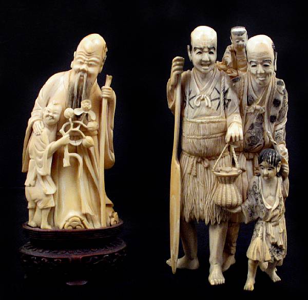 Appraisal: Two Asian ivory carvings one depicting two fisherman one depicting