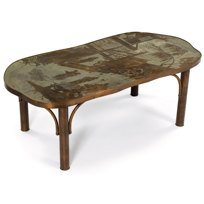 Appraisal: Philip and Kelvin Laverne coffee table s biomorphic bronze and