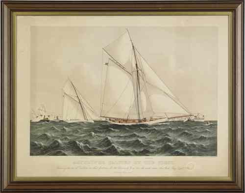 Appraisal: Two Currier Ives chromolithographs titled Mayflower Saluted By the Fleet