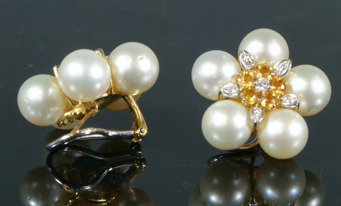 Appraisal: K YG diamond pearl earrings each with mm pearls and