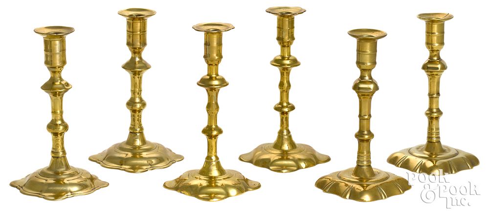 Appraisal: Three pairs of Queen Anne brass candlesticks Three pairs of