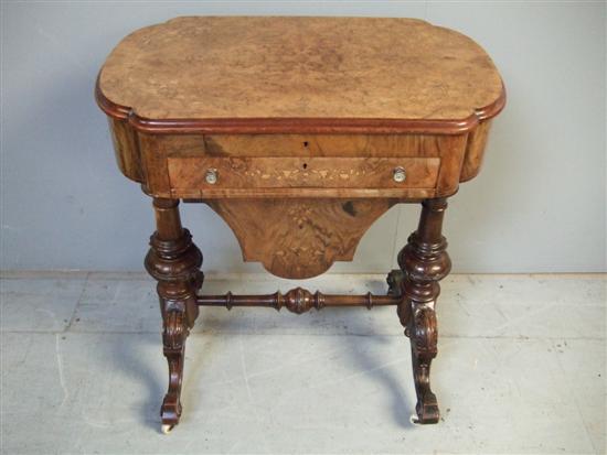 Appraisal: Victorian walnut parquetry inlaid shaped ladies work table with hinged