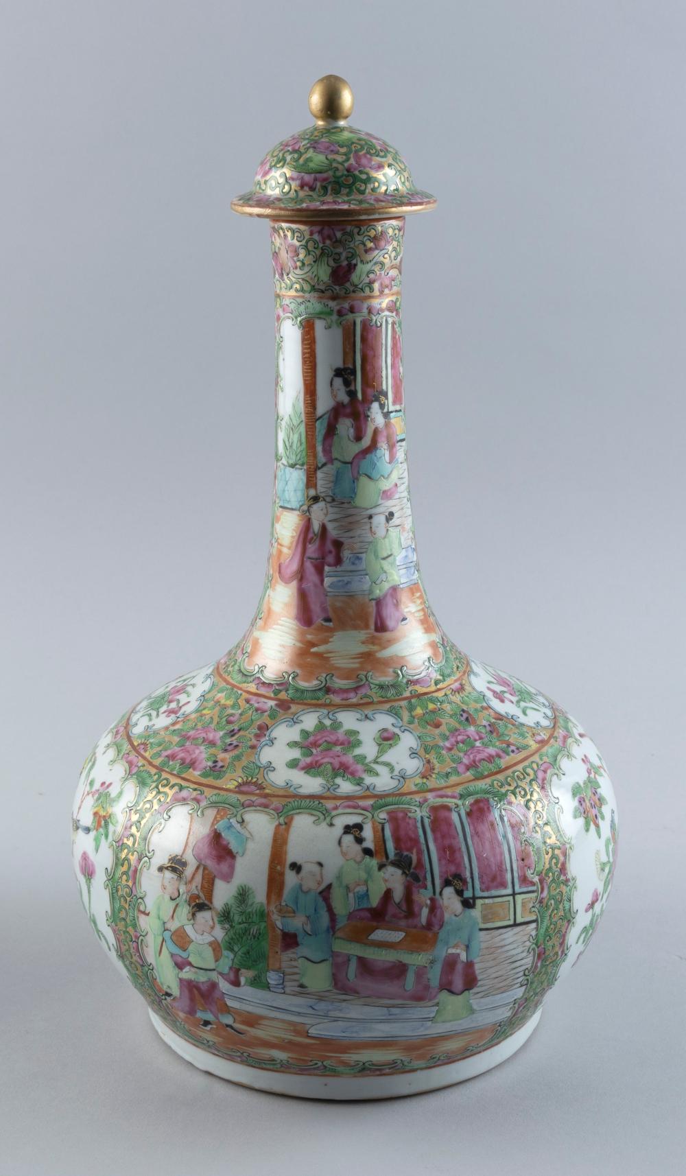 Appraisal: CHINESE EXPORT ROSE MANDARIN PORCELAIN COVERED BOTTLE VASE TH CENTURY