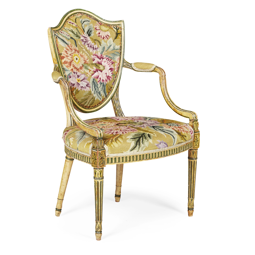 Appraisal: GEORGE III STYLE PAINTED HEPPLEWHITE ARMCHAIR TH CENTURY the shield-shaped