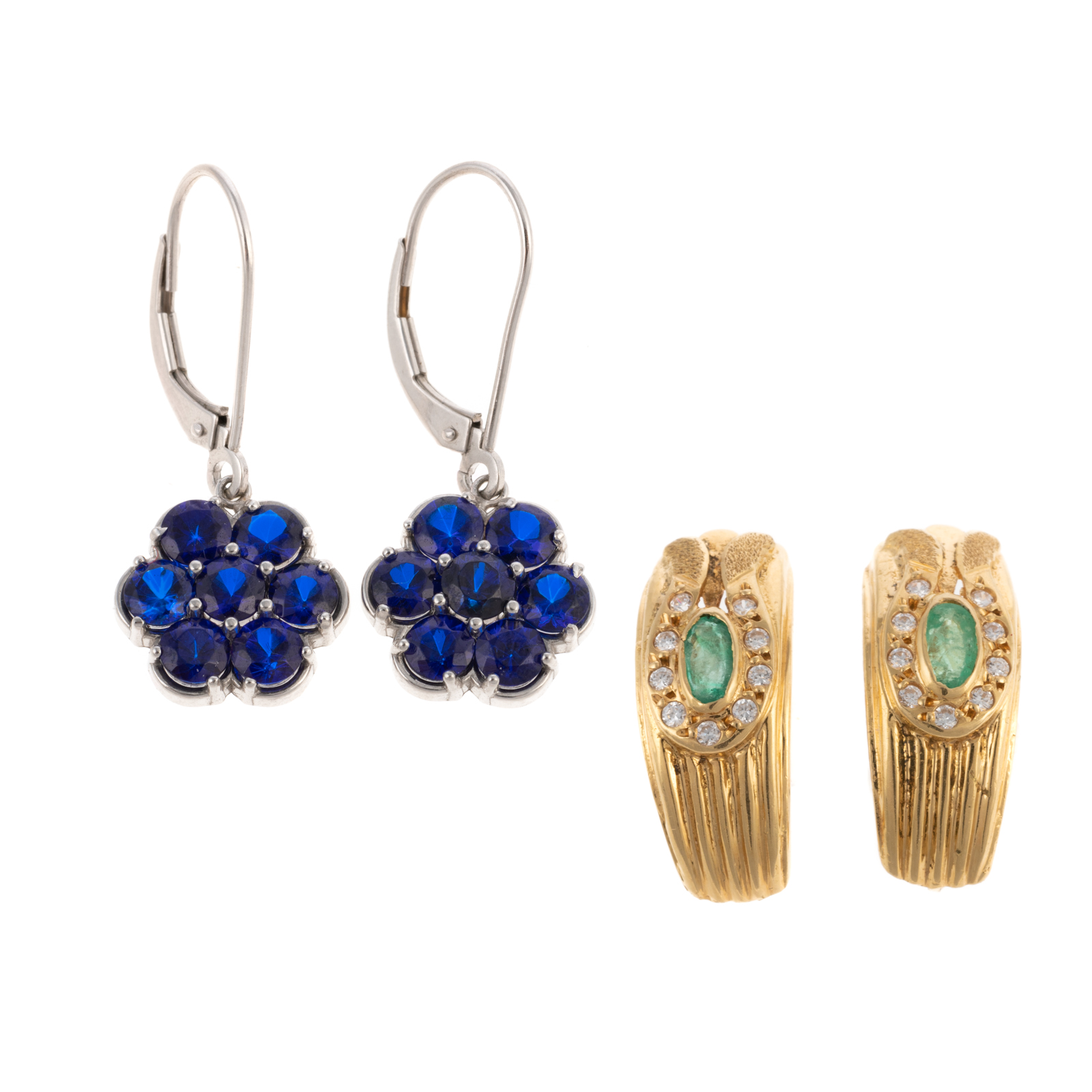 Appraisal: K EMERALD EARRINGS K BLUE SPINEL EARRINGS K yellow gold